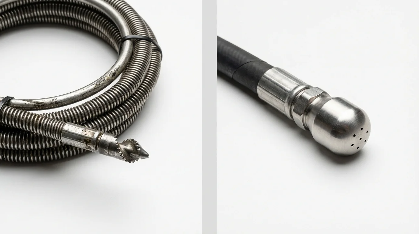 Drain snake cable and hydro jetting nozzle used for drain cleaning in West Point, NY